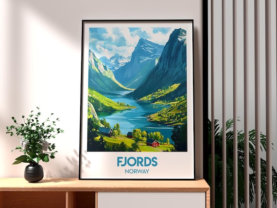 Fjords Norway Mountain Lake Valley Red Cabins Nature Travel Poster