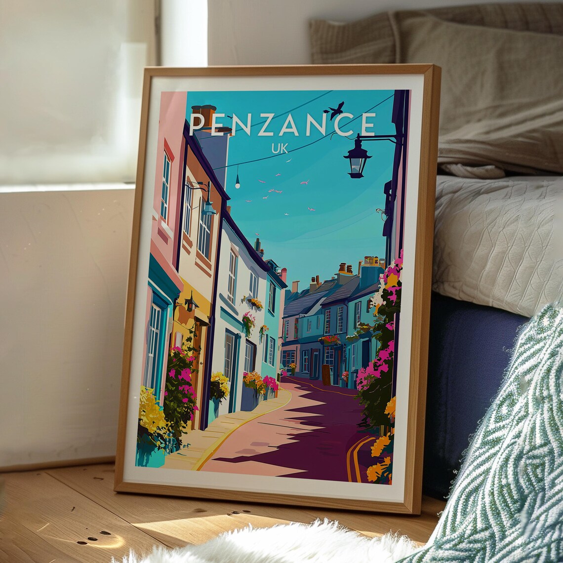 Penzance UK Flower Lined Coastal Street Cornish Town Travel Poster - Image 3