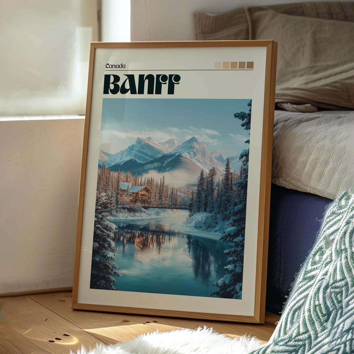 Banff Canada Winter Snowy Cabin Lake Mountain Reflection Poster - Image 3