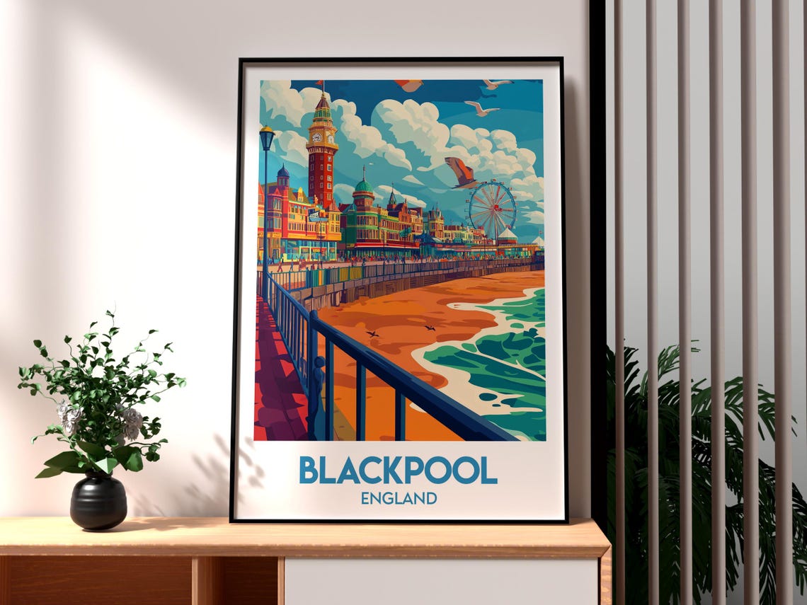 Blackpool England Seaside Pier Beach Amusement Travel Poster