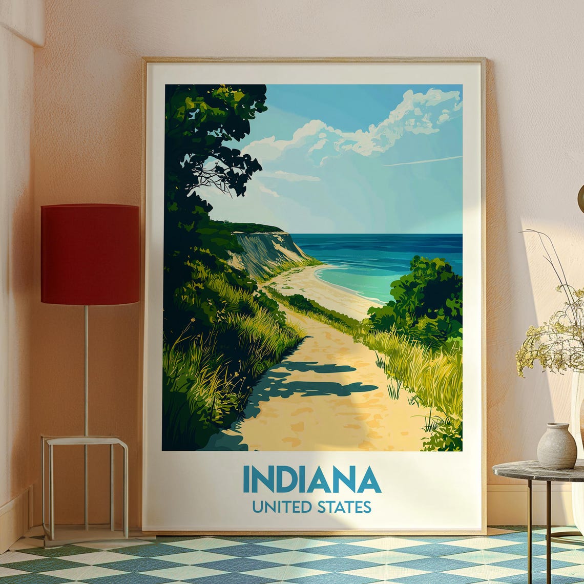 Indiana USA Sandy Beach Path Dune Coast Morning Scene Poster - Image 2