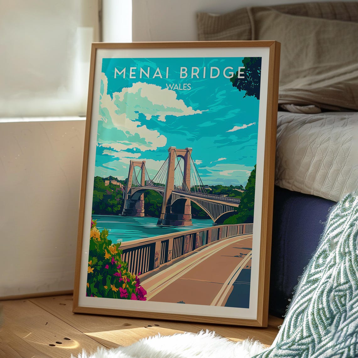 Menai Bridge Wales Suspension Bridge Over Water Travel Poster Art - Image 3