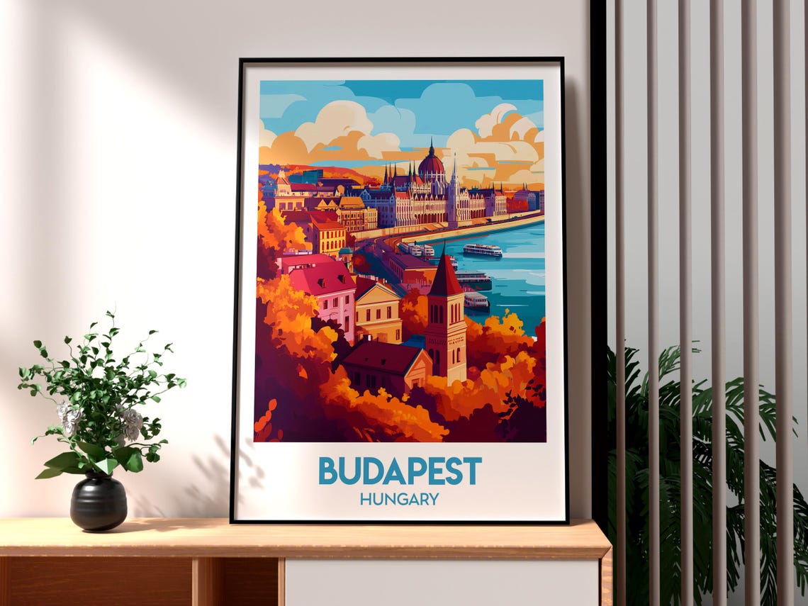 Budapest Hungary Parliament Danube River Sunset Travel Poster