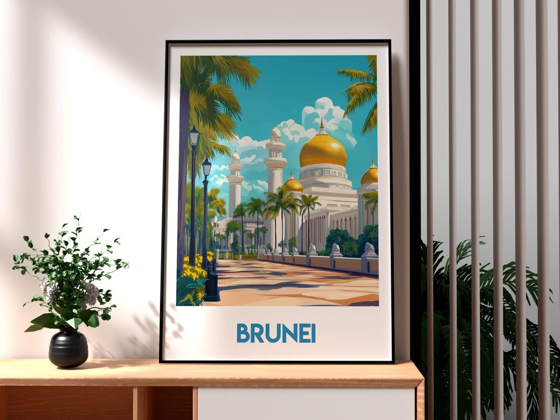 Brunei Golden Dome Mosque Palm Avenue Borneo Islamic Travel Poster