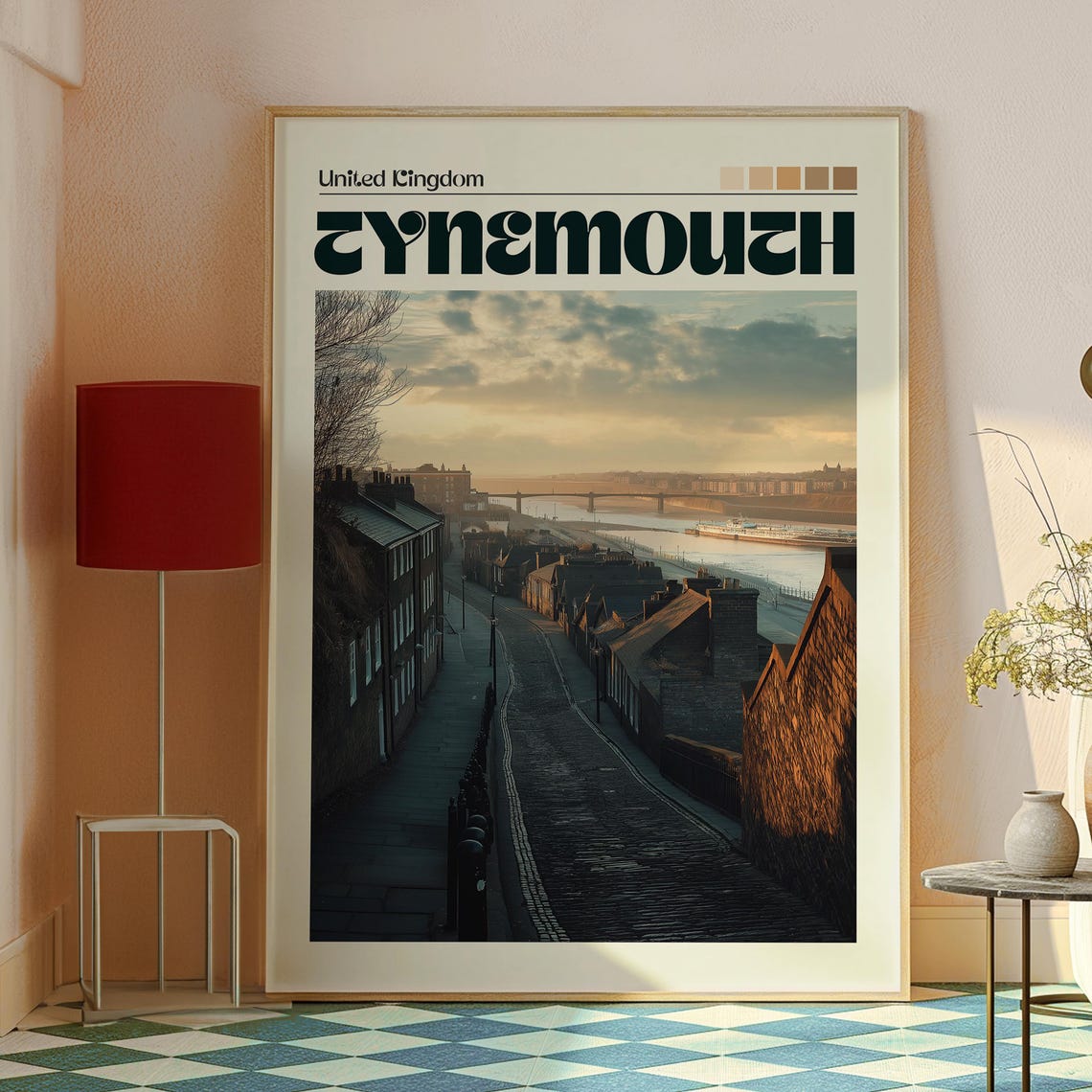 Tynemouth England Cobblestone Street River Tyne Sunset Travel Poster - Image 2