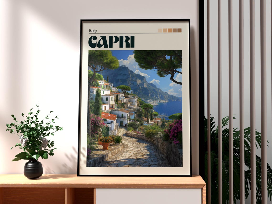 Capri Italy Whitewashed Hillside Village Sea View Travel Poster
