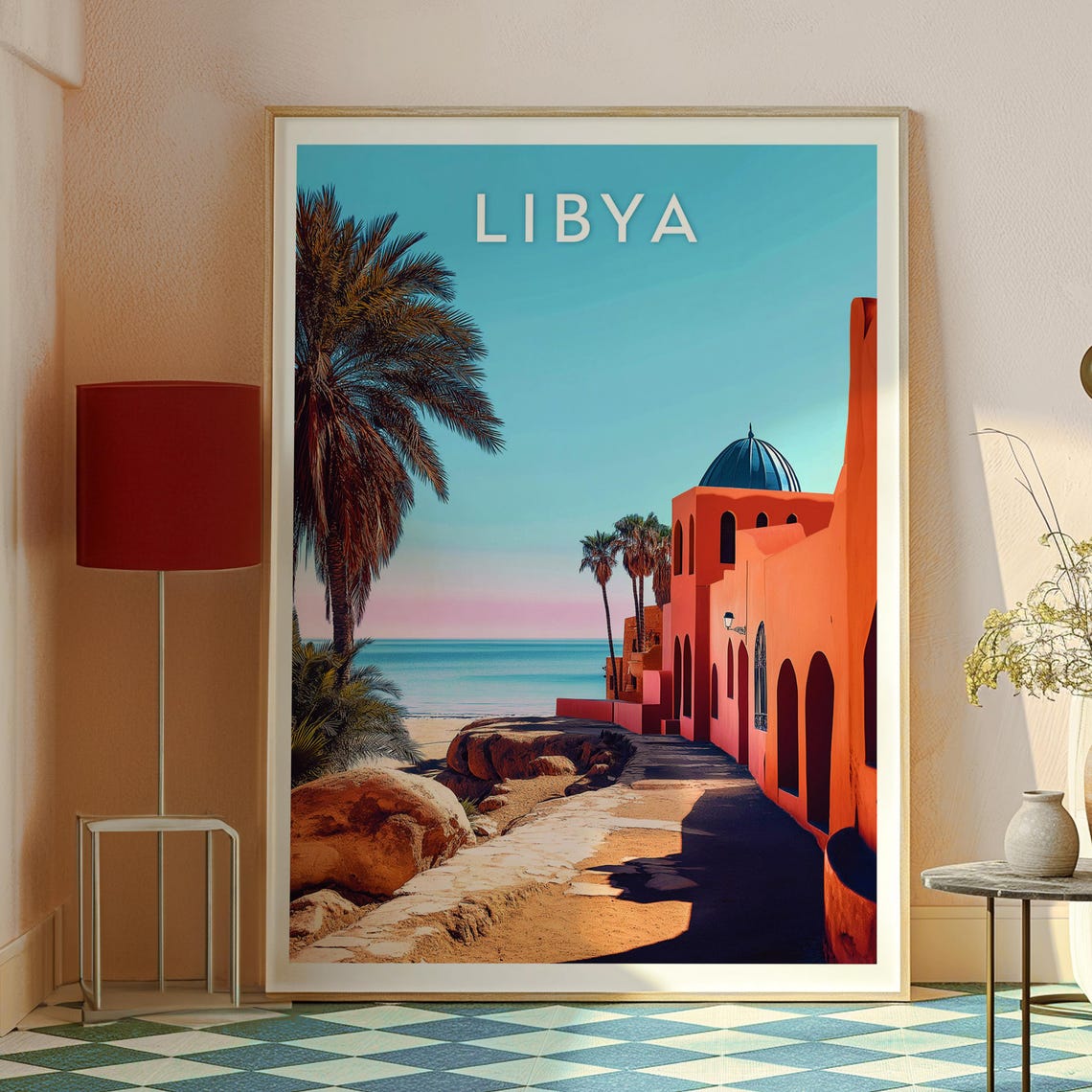 Libya North Africa Red Building By The Sea Vintage Travel Poster - Image 2