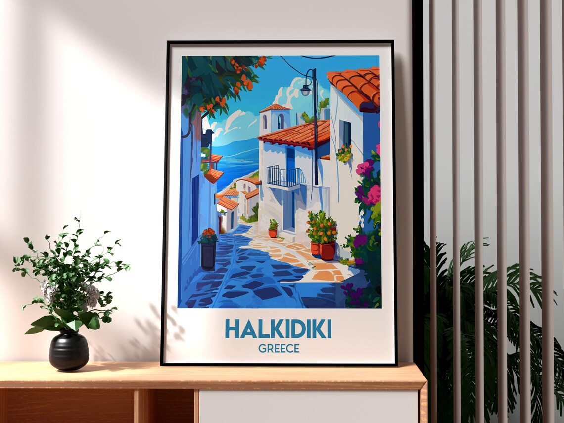 Halkidiki Greece Retro Travel Poster White Village Blue Sea Art