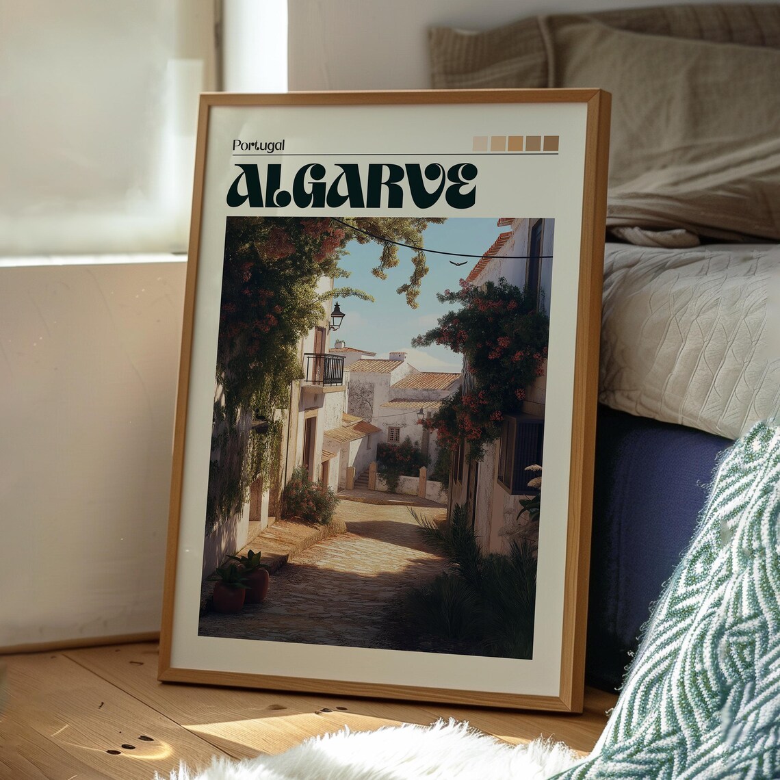 Algarve Portugal Cobblestone Village Street Sunlit Travel Art Poster - Image 3