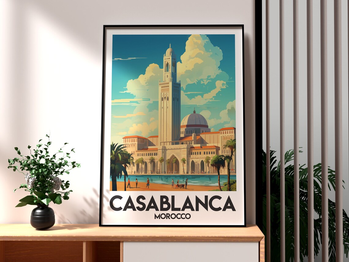 Casablanca Morocco Grand Mosque By The Sea Vintage Travel Poster