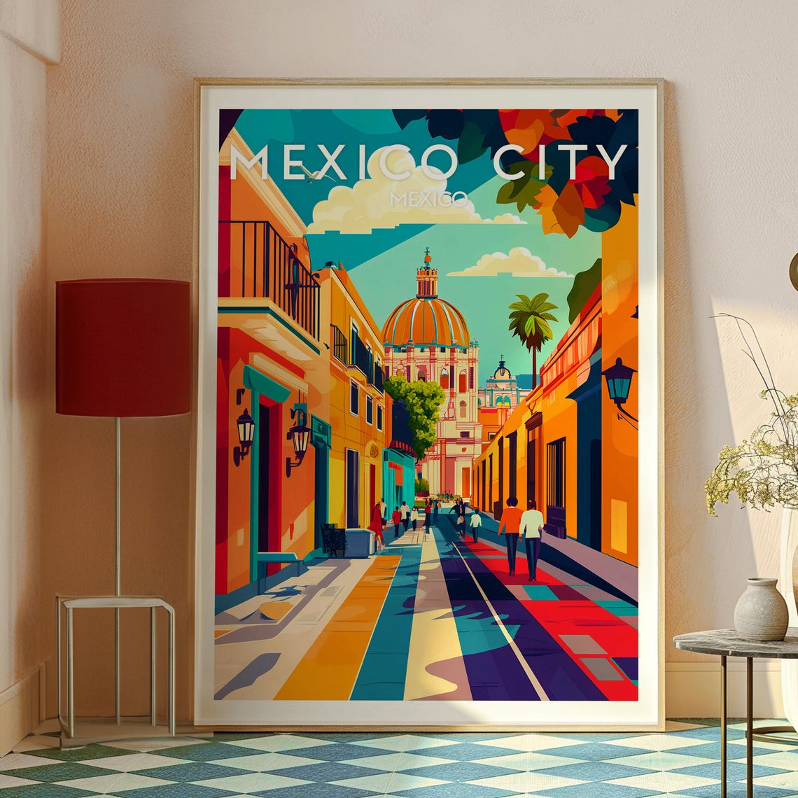 Mexico City Mexico Colorful Colonial Street Domed Church Travel Poster - Image 2