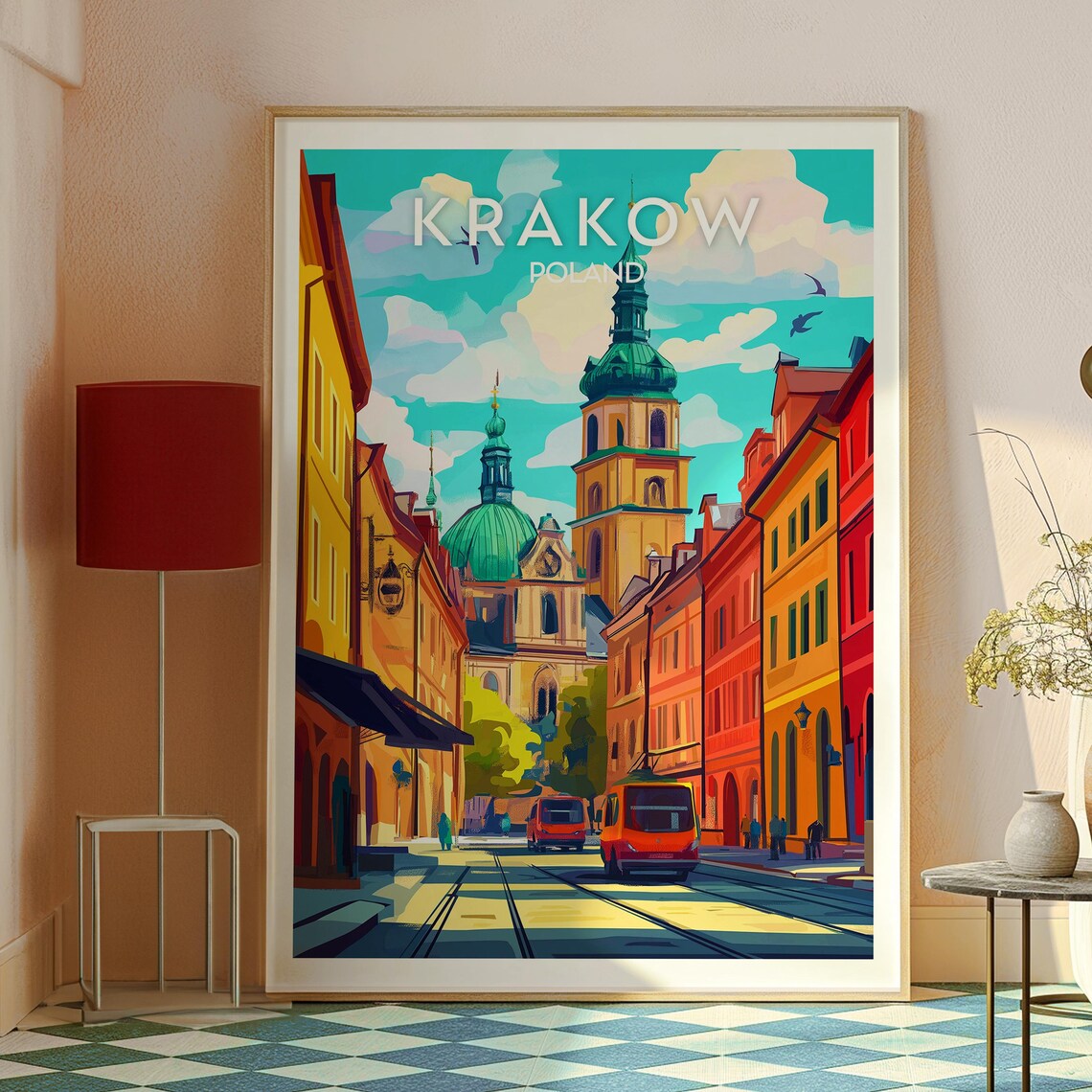 Krakow Poland Historic Old Town Church Red Tram Travel Poster - Image 2