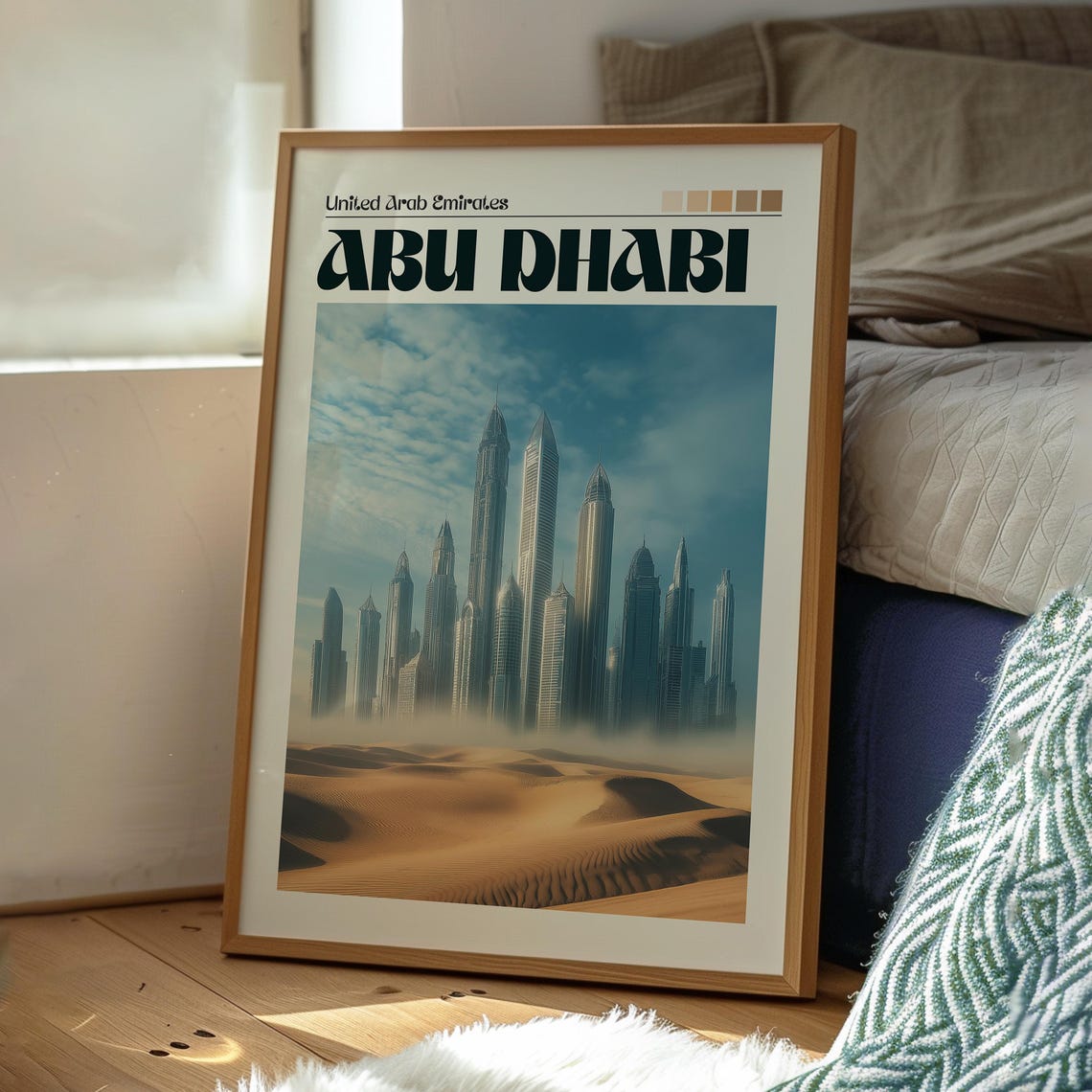 Abu Dhabi United Arab Emirates Skyline Desert Sunset Retro Art Poster - Image 3