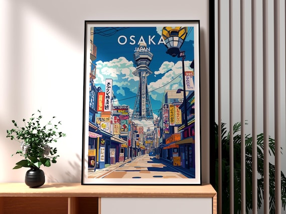 Osaka Japan Tsutenkaku Tower Shopping Street Neon Signs Shinsekai Travel Poster