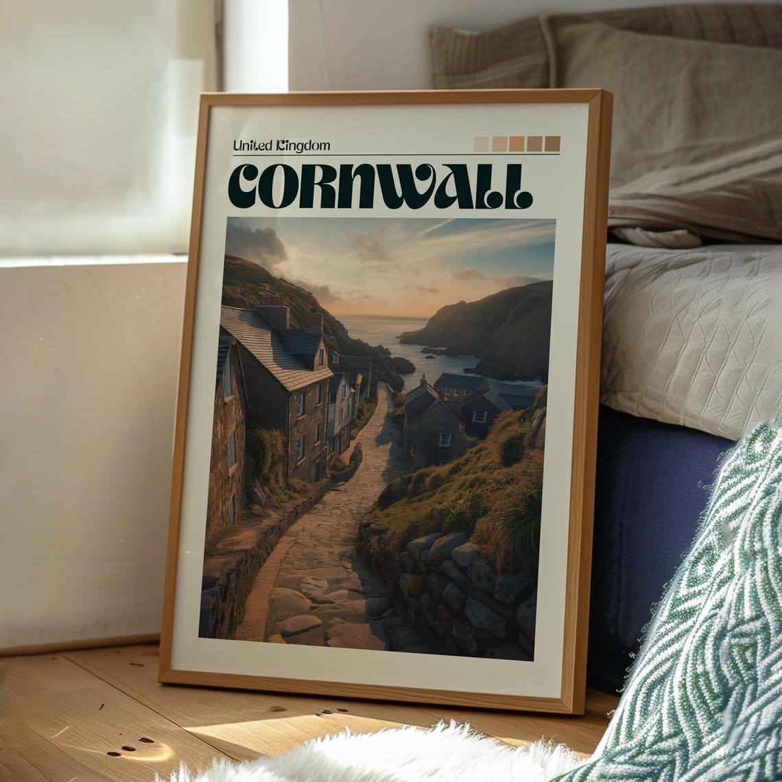 Cornwall UK Stone Village Lane Sunset Sea Rugged Cliffs Retro Poster - Image 3