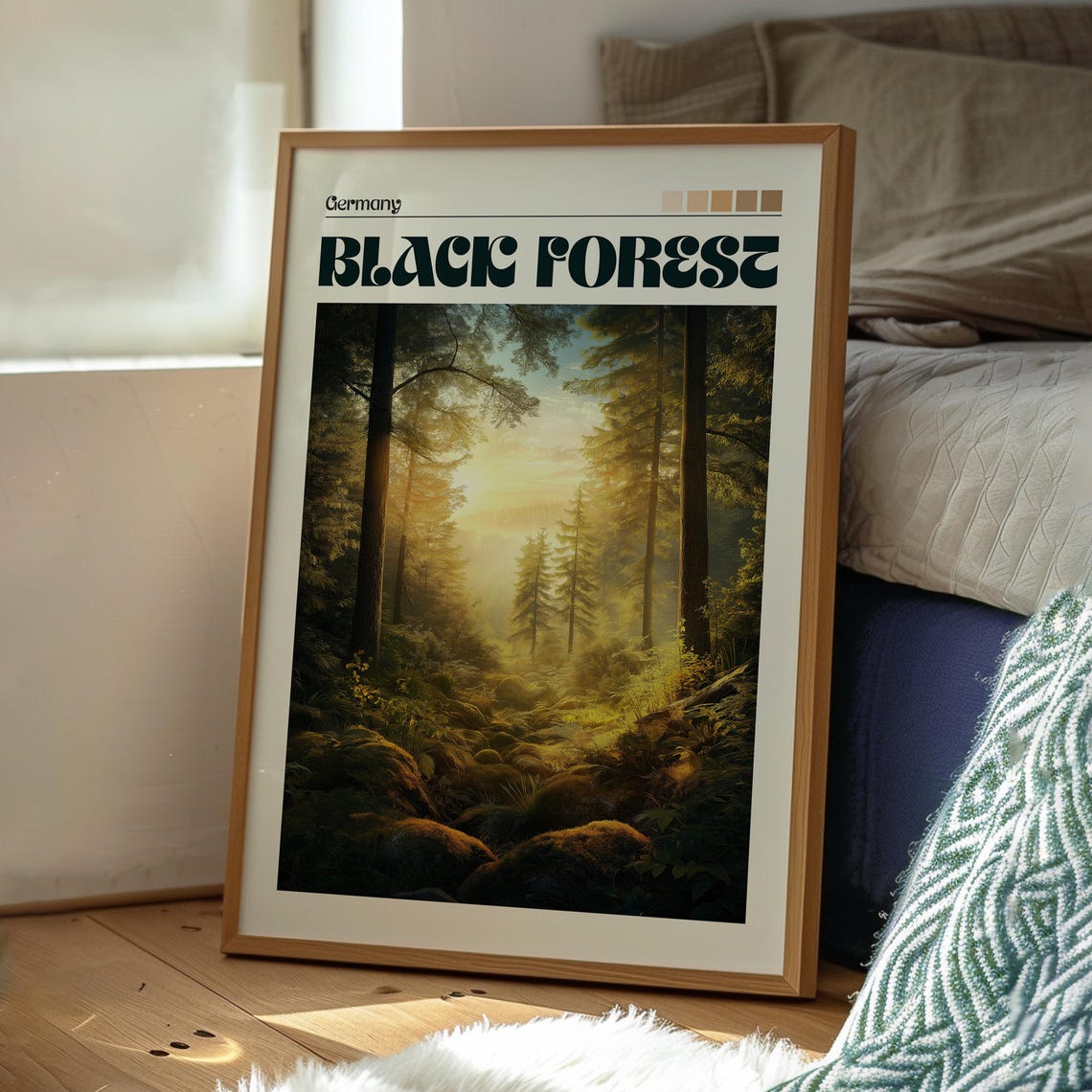 Black Forest Germany Misty Pine Forest Golden Light Travel Poster - Image 3