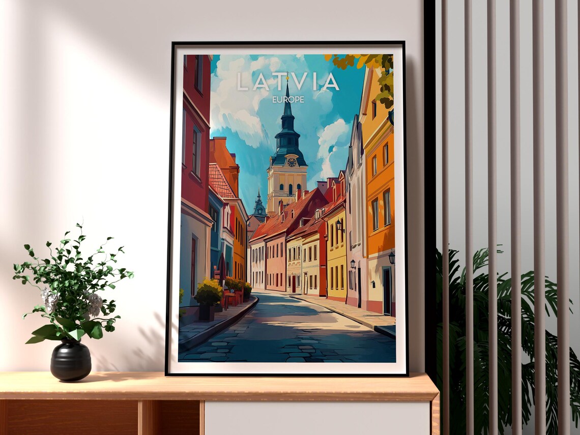Latvia Riga Old Town Cobblestone Street Church Spire Travel Poster
