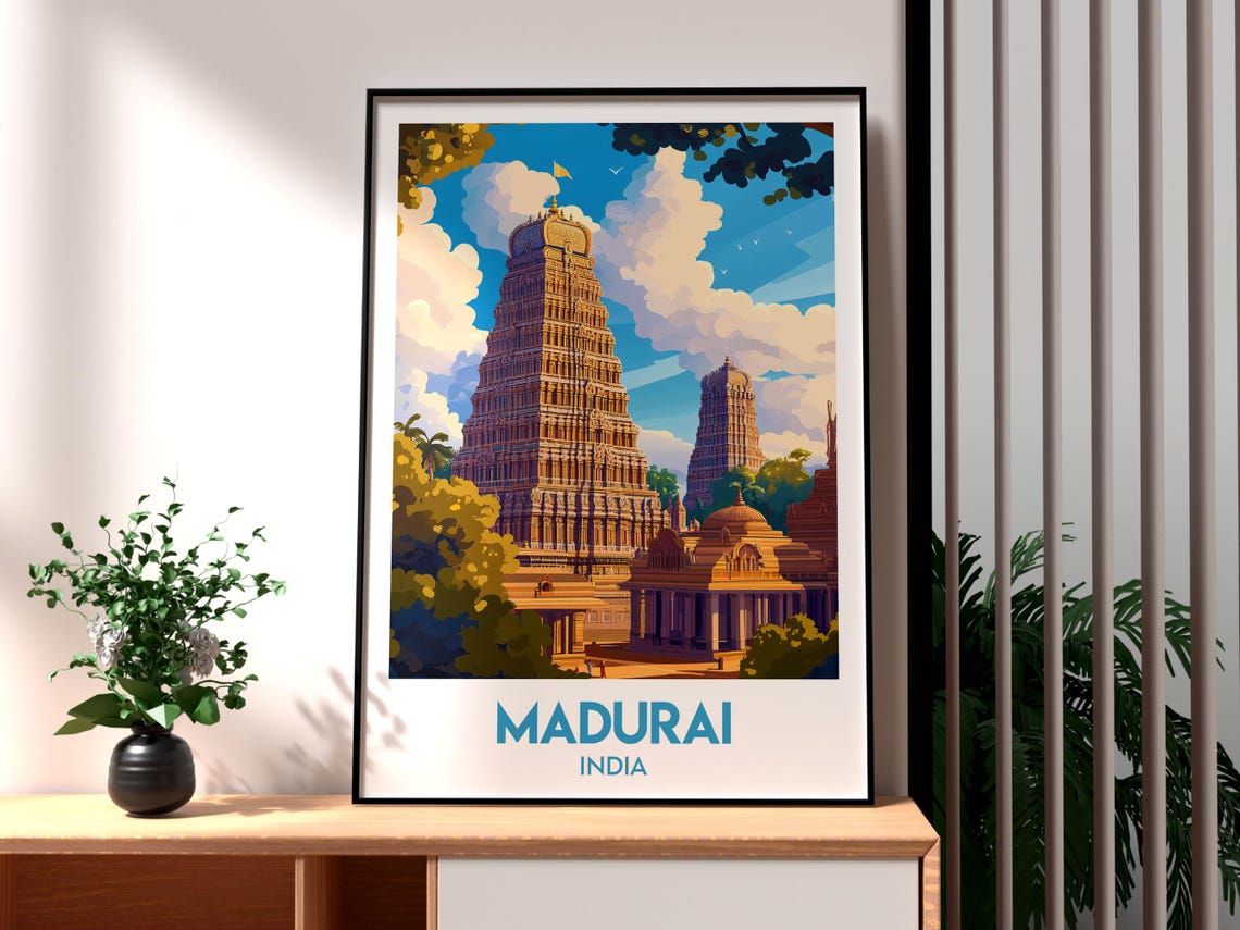 Madurai India Golden Temple Towers Retro Illustrated Travel Poster