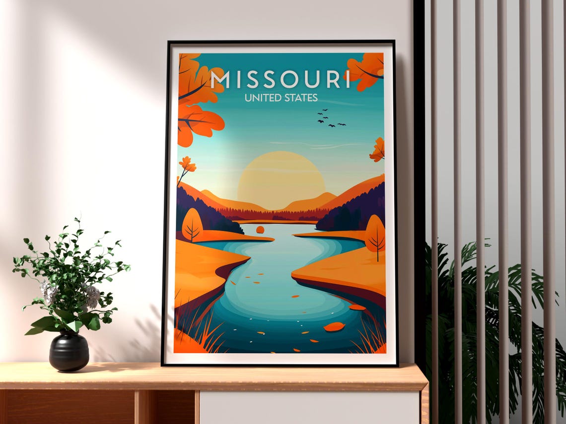 Missouri Autumn River Sunset Over Orange Foliage Travel Poster
