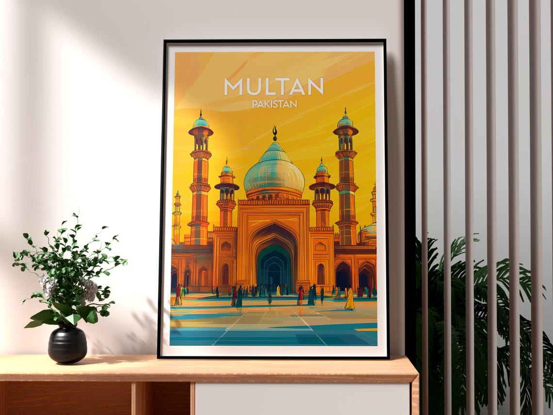Multan Pakistan Historic Mosque Golden Sunset Retro Travel Poster
