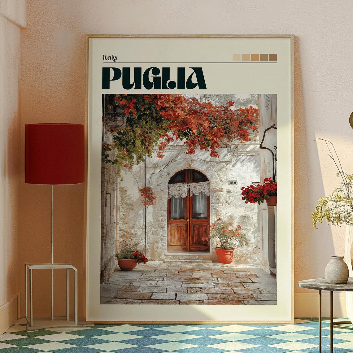 Puglia Italy Sunlit Courtyard Door Bougainvillea Retro Travel Poster - Image 2