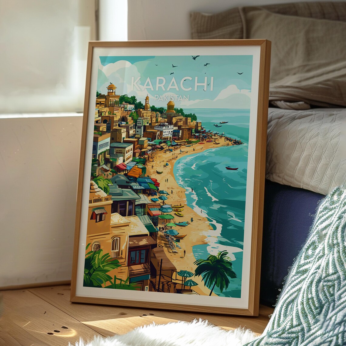 Karachi Pakistan Beach Hillside City Fishing Boats Travel Poster - Image 3