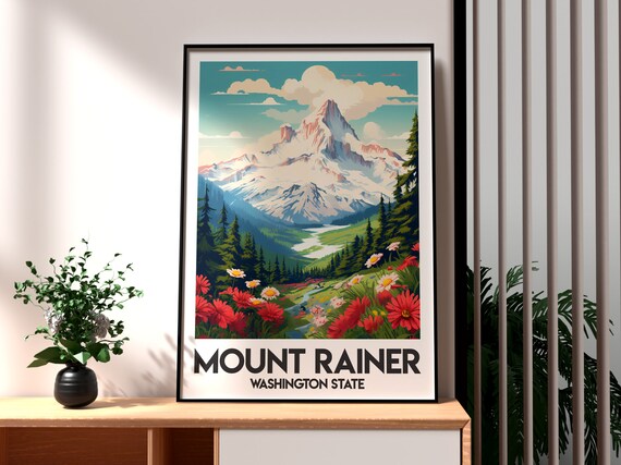 Mount Rainer Washington State Snowy Peak Wildflowers Travel Poster