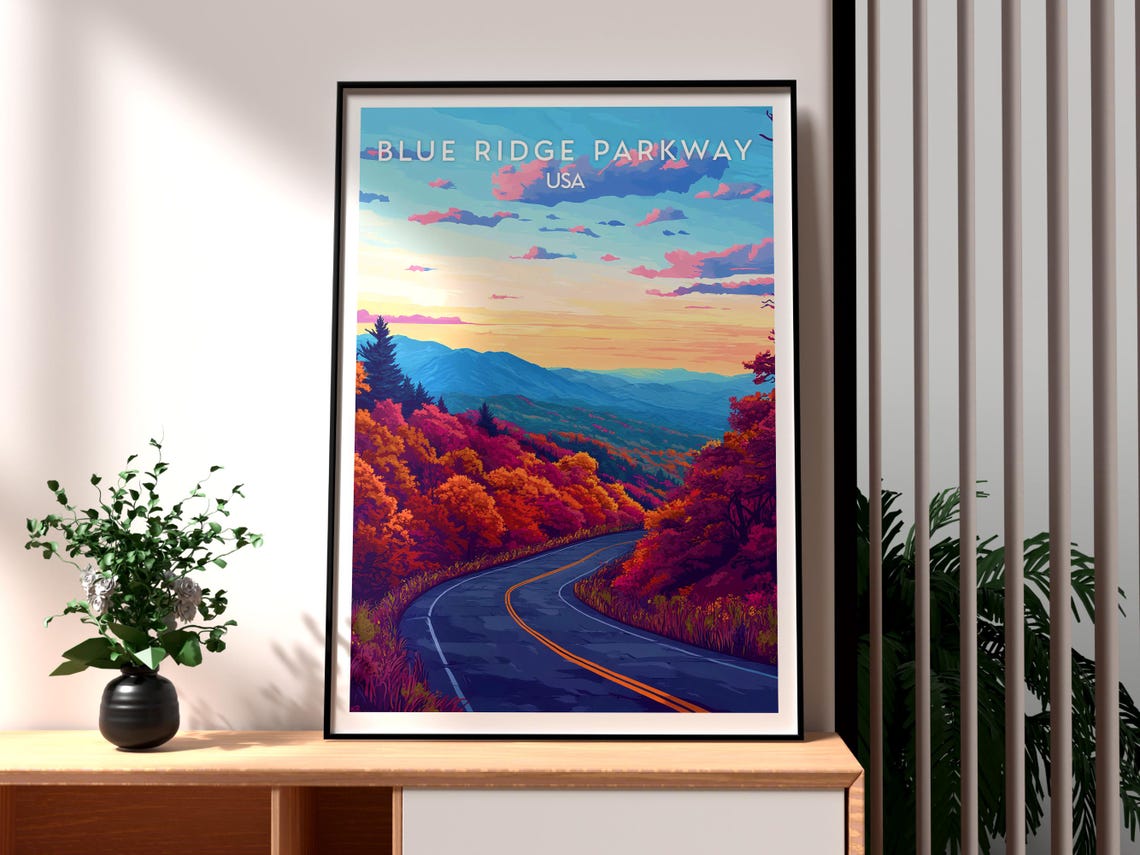 Blue Ridge Parkway USA Autumn Mountains Illustrated Travel Poster