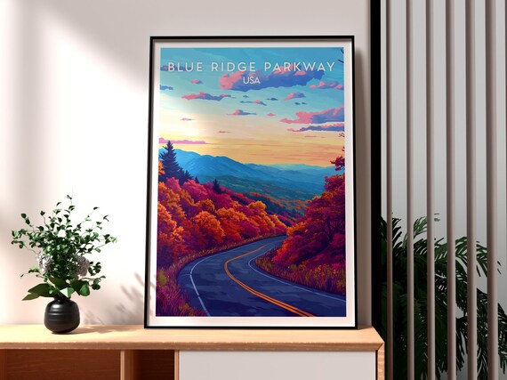 Blue Ridge Parkway USA Autumn Mountains Illustrated Travel Poster