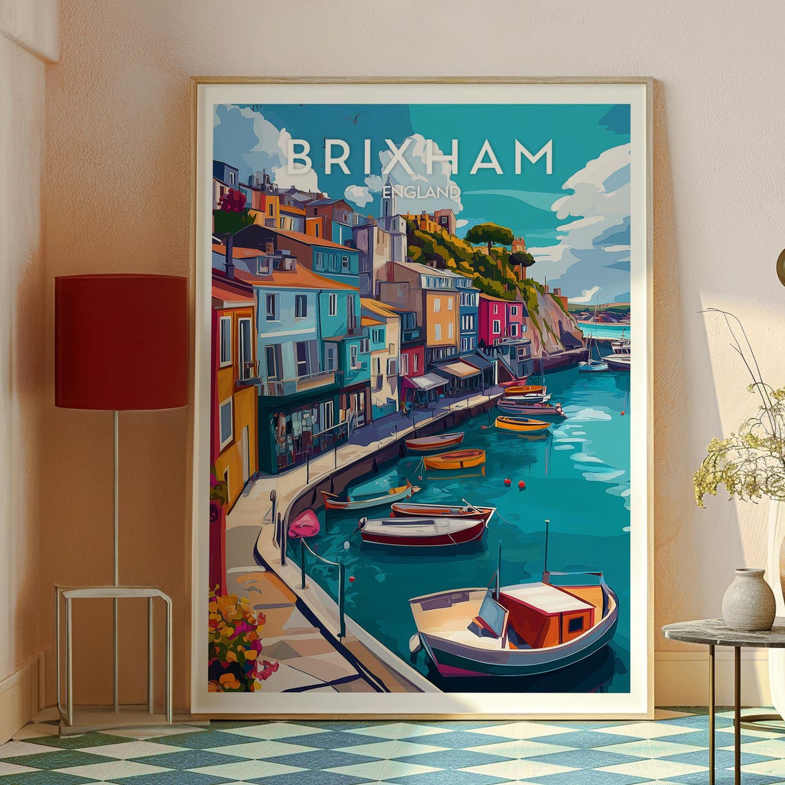 Brixham England Harbor Rowboats Colorful Coastal Travel Poster - Image 2