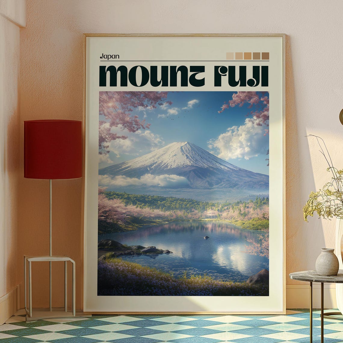 Mount Fuji Japan Cherry Blossoms Lake Reflection Spring Travel Poster - Image 2