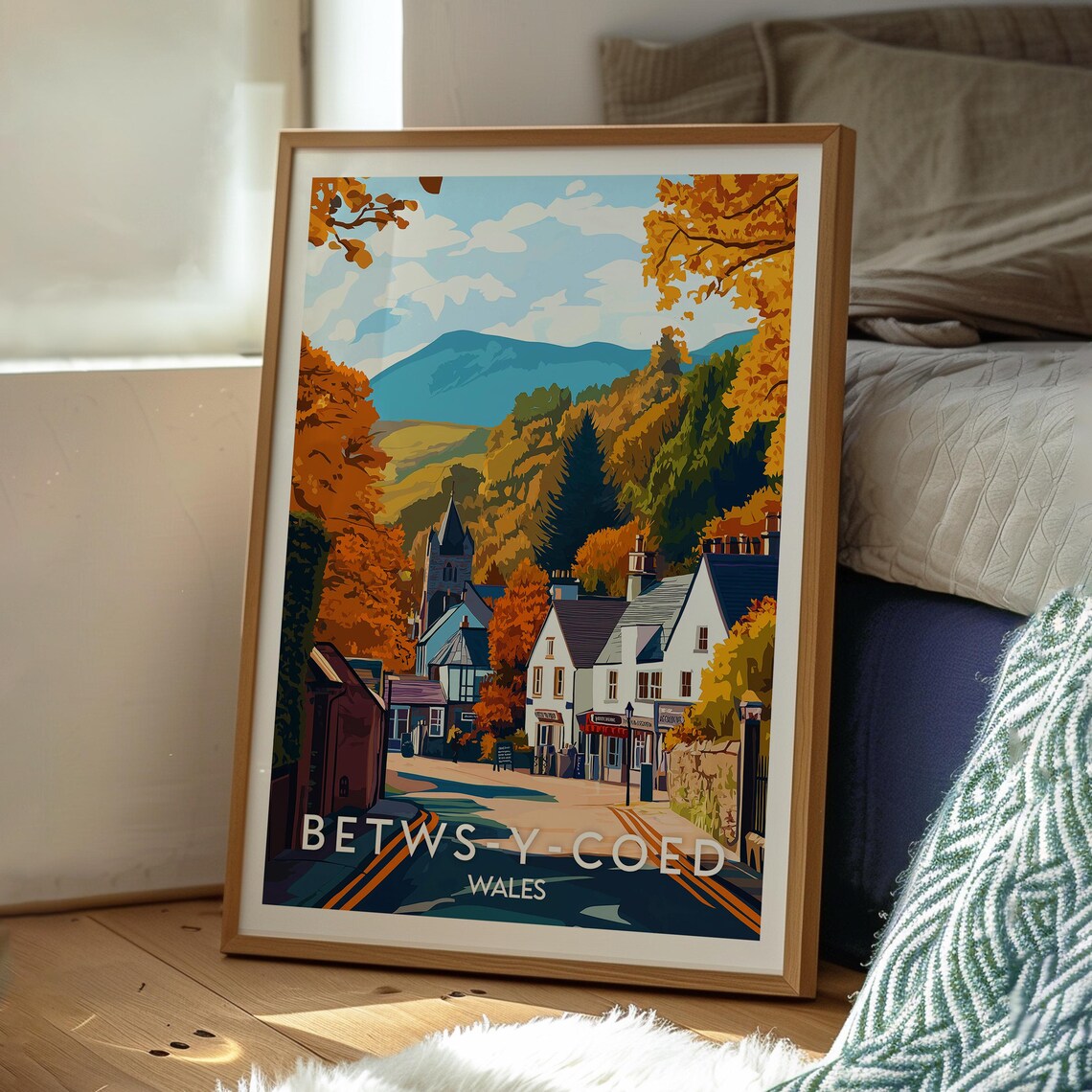 Betws-y-Coed Wales Golden Autumn Village Street and Church Poster - Image 3