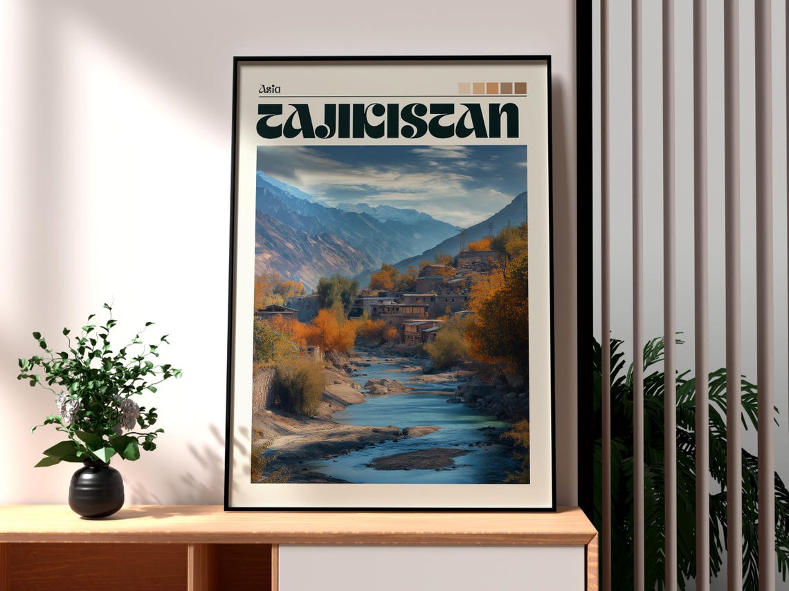 Tajikistan Asia Autumn Mountain River Village Retro Travel Poster