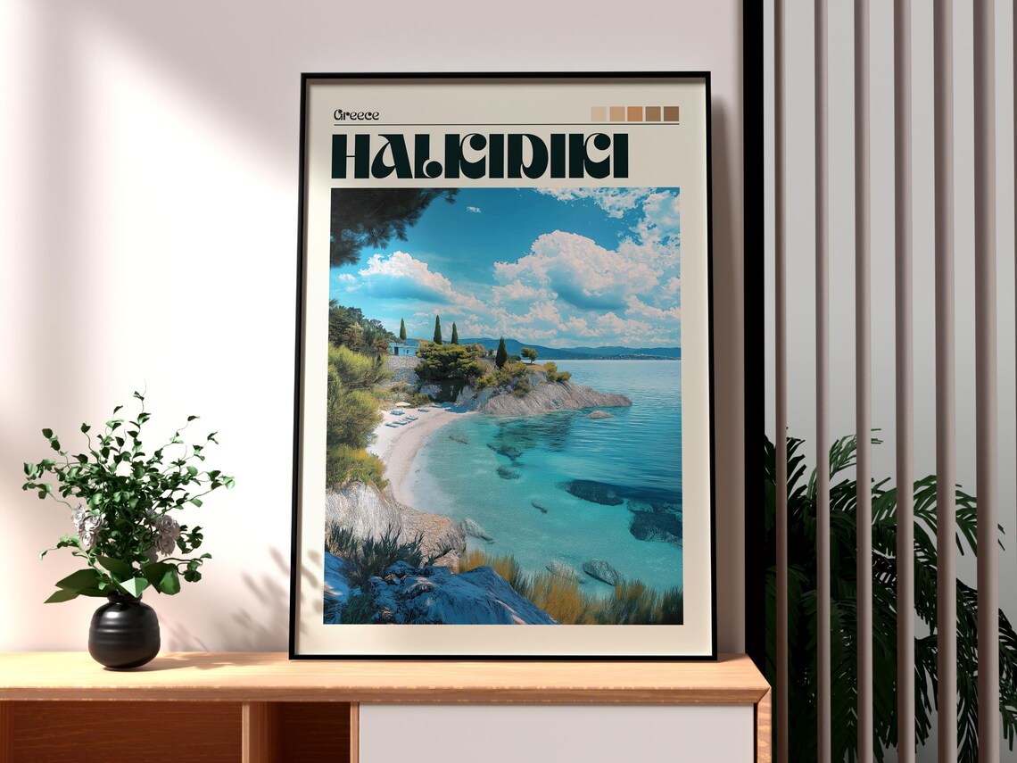Halkidiki Greece Turquoise Cove Beach Pine Island Coast Travel Poster
