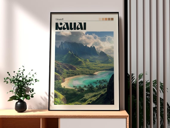 Kauai Hawaii Green Mountain Bay Tropical Photo Travel Poster