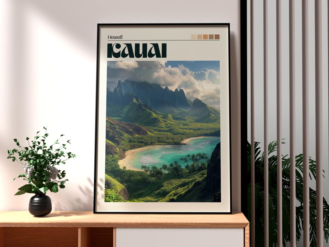 Kauai Hawaii Green Mountain Bay Tropical Photo Travel Poster