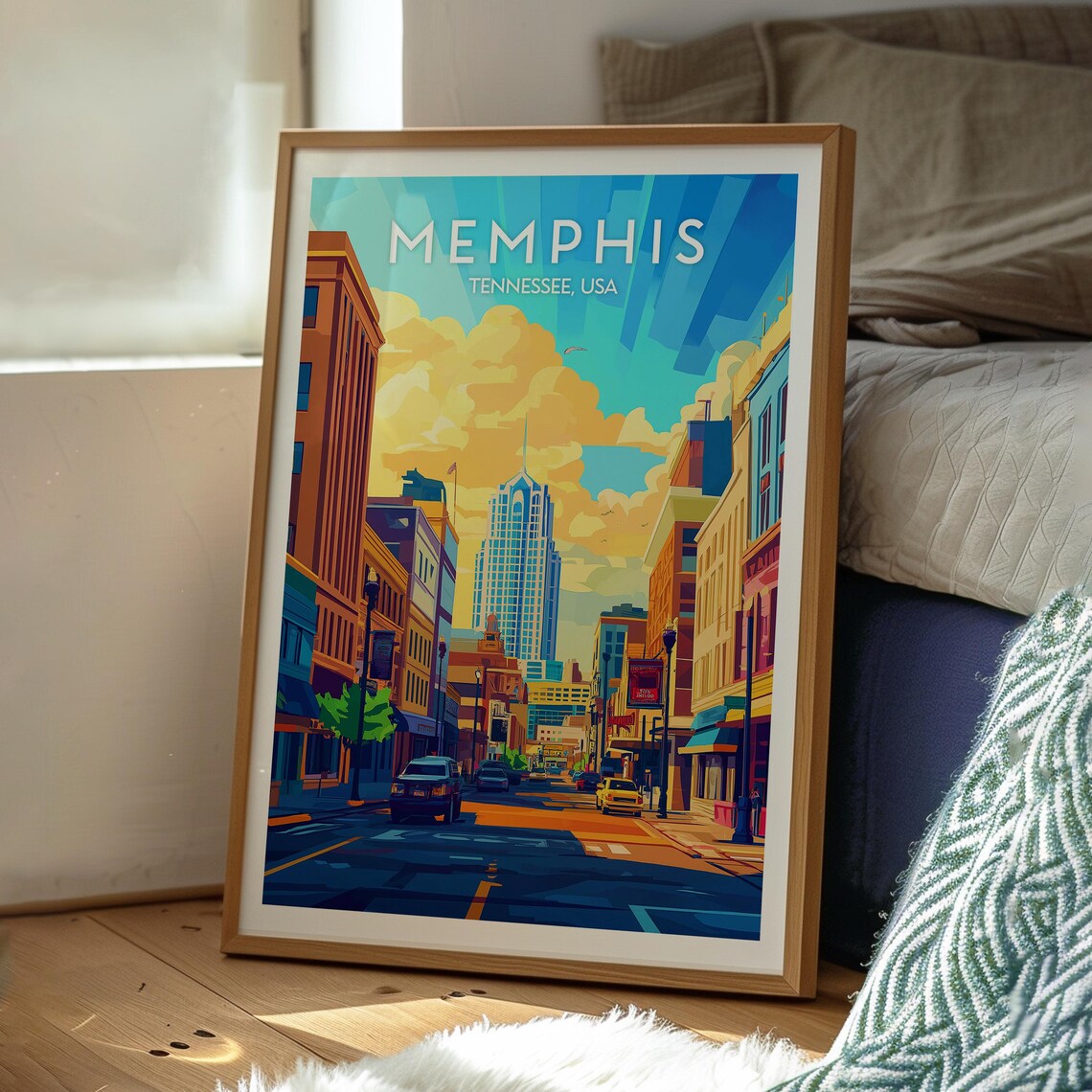 Vintage Memphis Tennessee Downtown City Sunset Skyline Travel Poster - Image 3