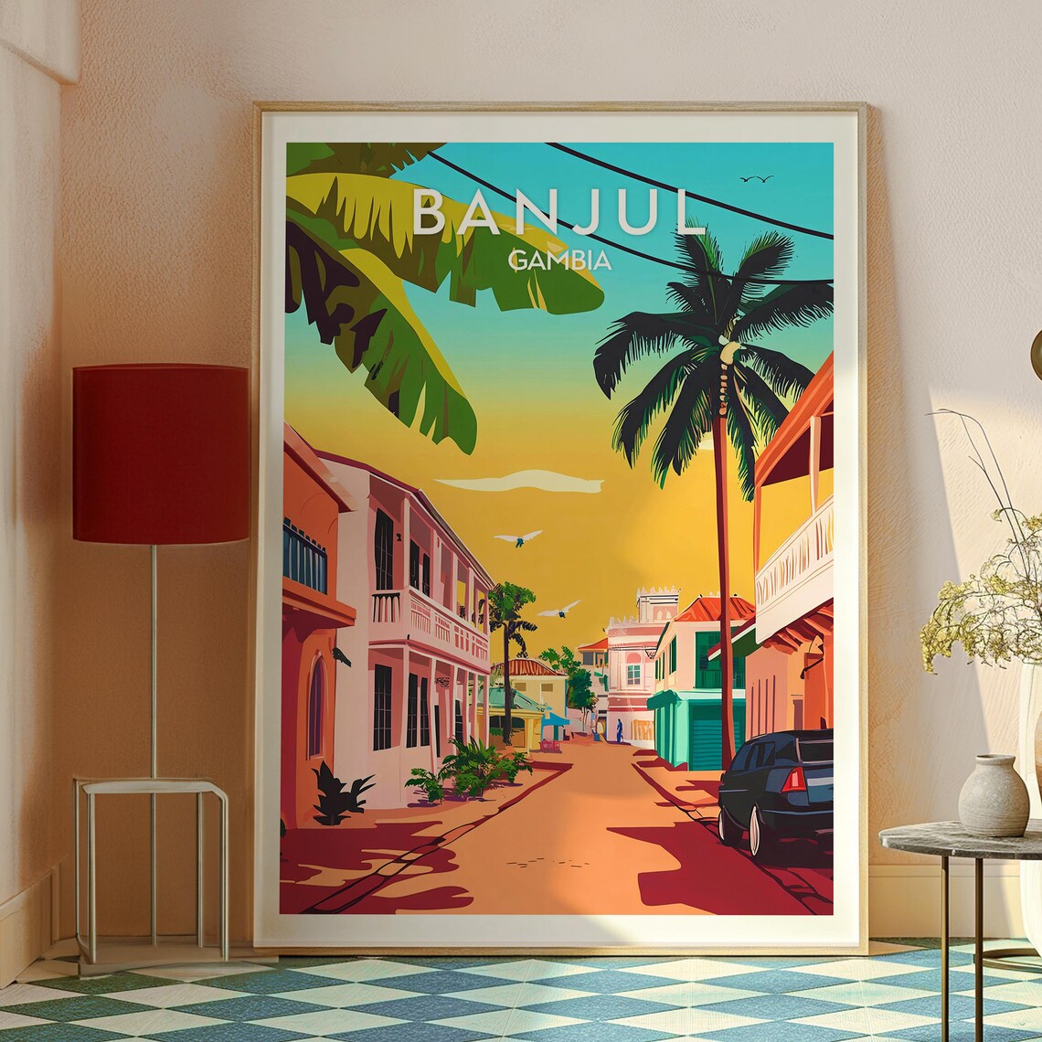 Banjul Gambia Sunset Street Scene Vintage Travel Illustration Poster - Image 2