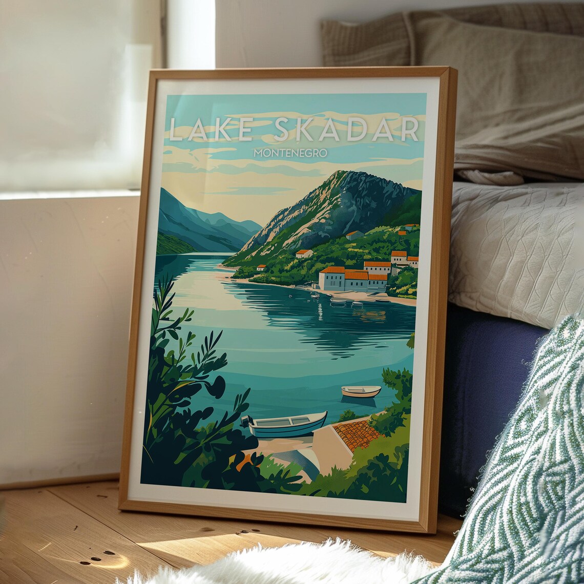 Lake Skadar Montenegro Mountain Lake Boats Village Travel Poster - Image 3