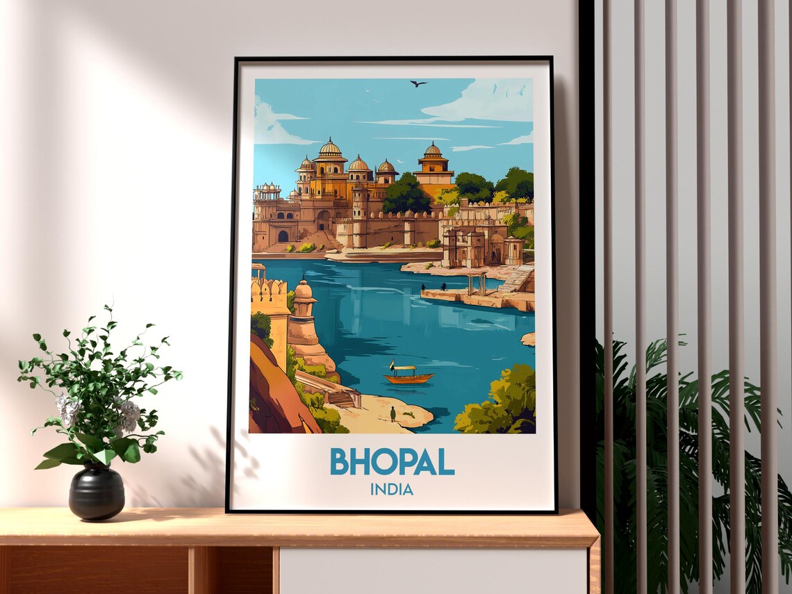 Bhopal India Golden Lakeside Palace Boats Historic Travel Poster