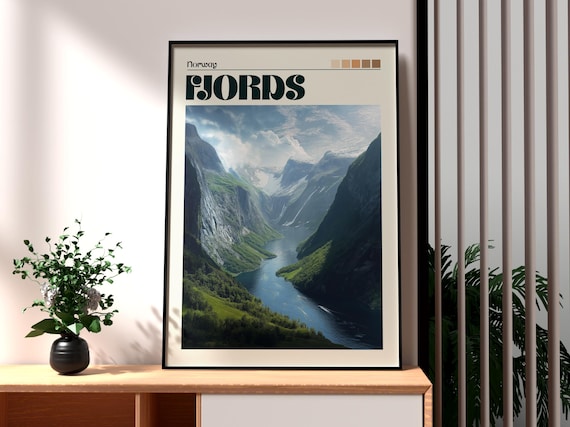 Norway Fjords Steep Green Mountains Water Valley Travel Poster