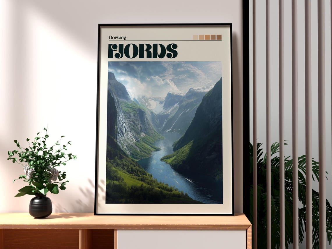 Norway Fjords Steep Green Mountains Water Valley Travel Poster