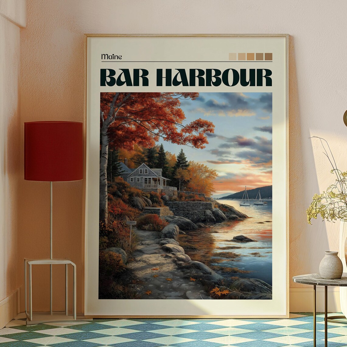 Bar Harbour Maine Autumn Coast Cottage and Sailboat Travel Poster - Image 2