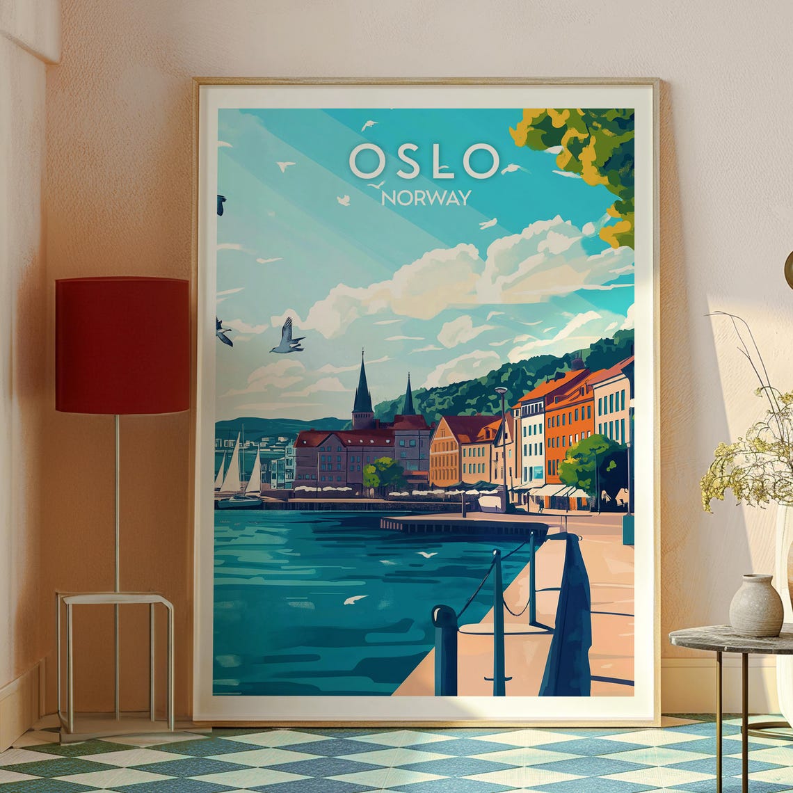 Oslo Norway Waterfront Sailboats Seagulls Vintage Travel Poster - Image 2