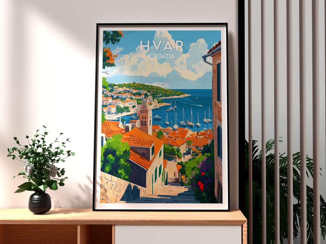 Hvar Croatia Harbor Sailboats Old Town Illustration Art Poster