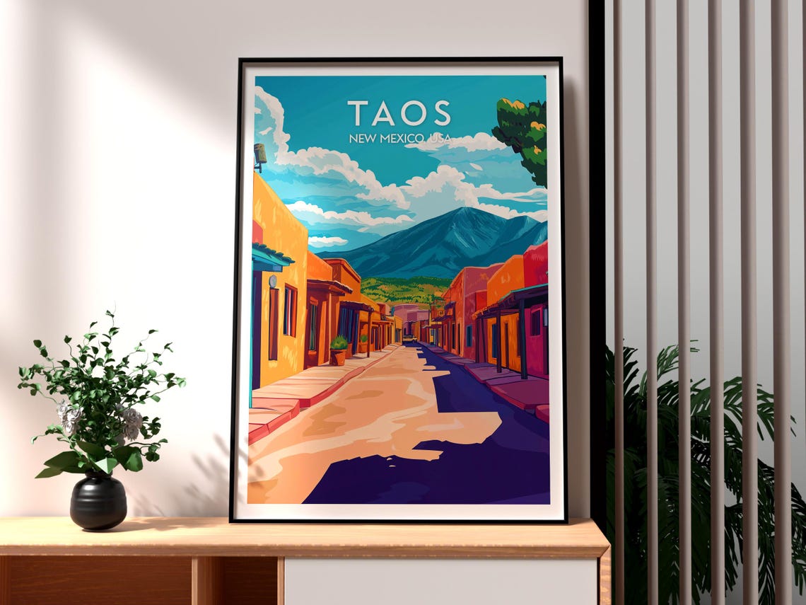 Taos New Mexico USA Adobe Street Desert Mountains Vintage Poster
