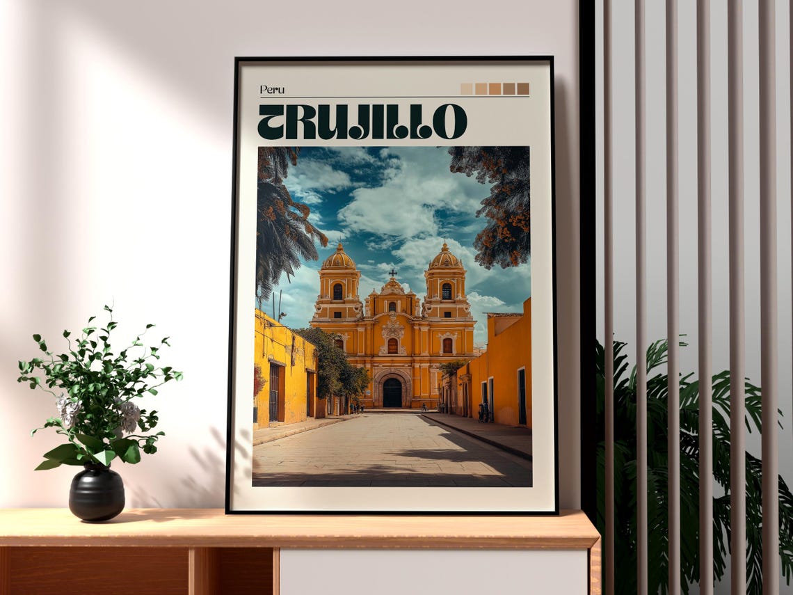 Trujillo Peru Colonial Church Yellow Street Golden Travel Poster