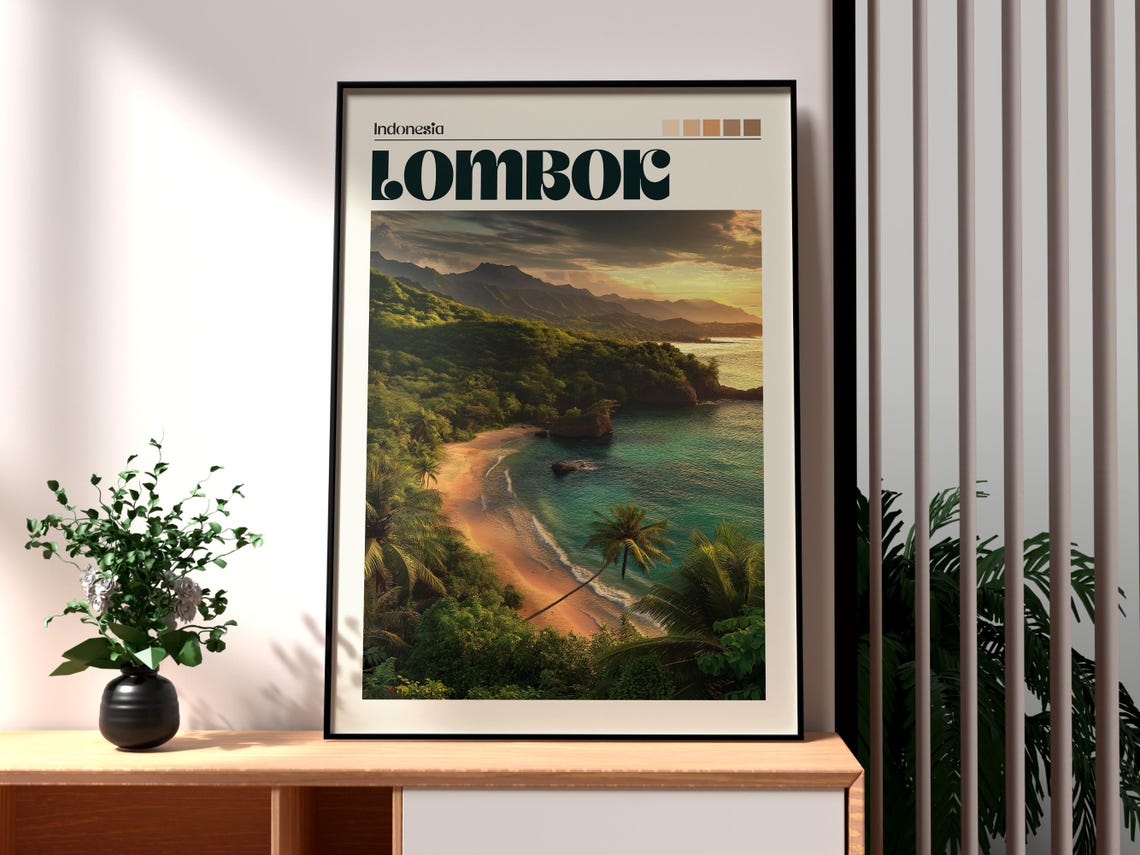 Lombok Indonesia Sunset Beach Palms Mountain Coast Vintage Poster