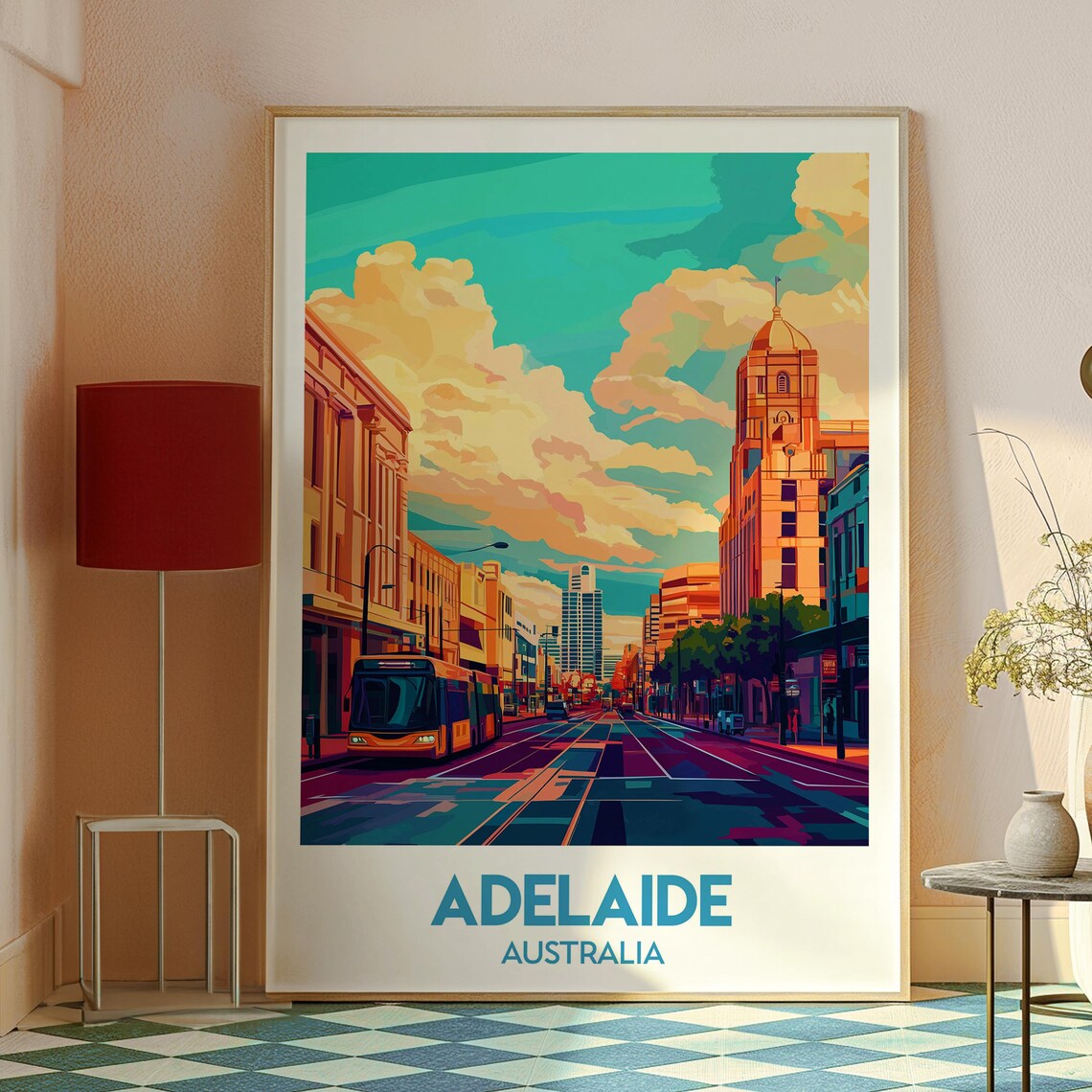Adelaide Australia City Tram Street Skyline Sunset Travel Poster - Image 2