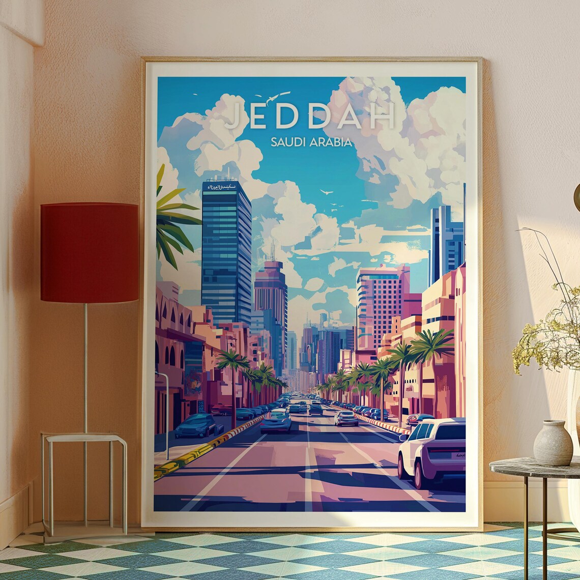 Jeddah Saudi Arabia Vibrant City Street Palm Trees Skyline Poster - Image 2